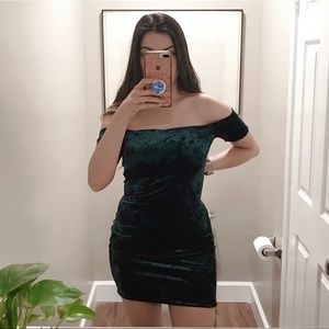 Green Crushed velvet off the shoulder mini dress